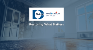 Delnor Restoration logo and tagline 'Restoring What Matters' on a split image of a damaged room next to its restored version.