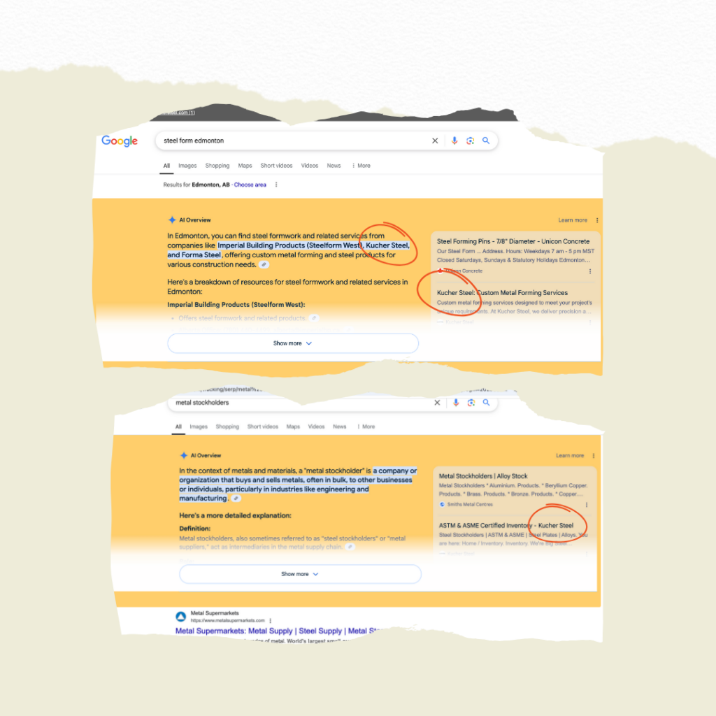 Screenshot showing Kucher Steel featured in Google AI Overview for the search term 